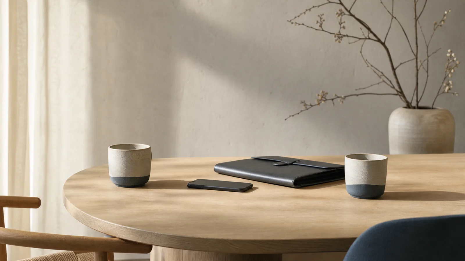 Zwei Tassen, zwischen denen Arbeitsmappe und Smartphone liegen
