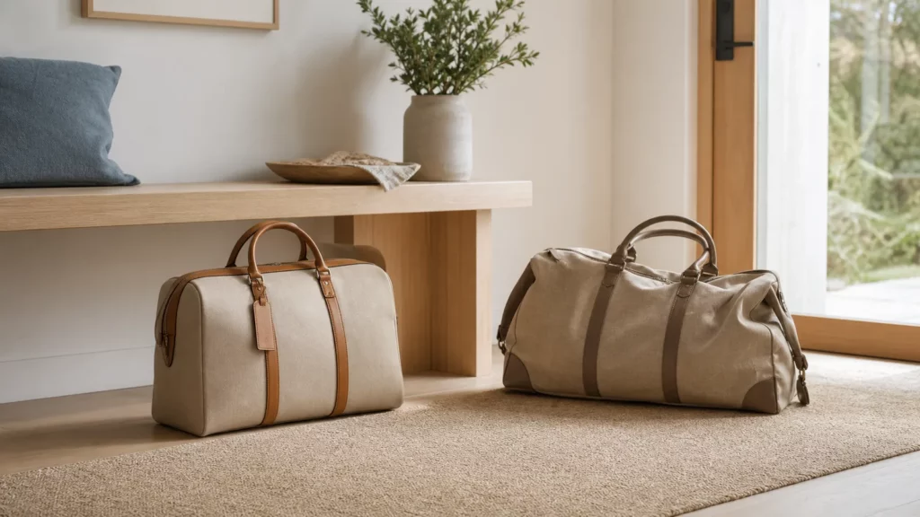 Zwei Reisetaschen mit Abstand in einem hellen modernen Eingangsbereich