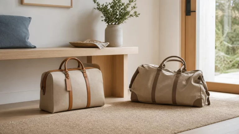 Zwei Reisetaschen mit Abstand in einem hellen modernen Eingangsbereich