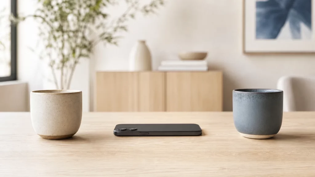 Ein Smartphone liegt zwischen zwei Tassen auf einem ruhigen hellen Tisch